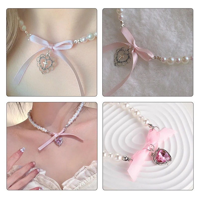 Sweet Bow Love Cross Imitation Pearl Pendant Necklace For Women French Romantic Lolita Clavicle Chain Vogue Jewelry Accessories