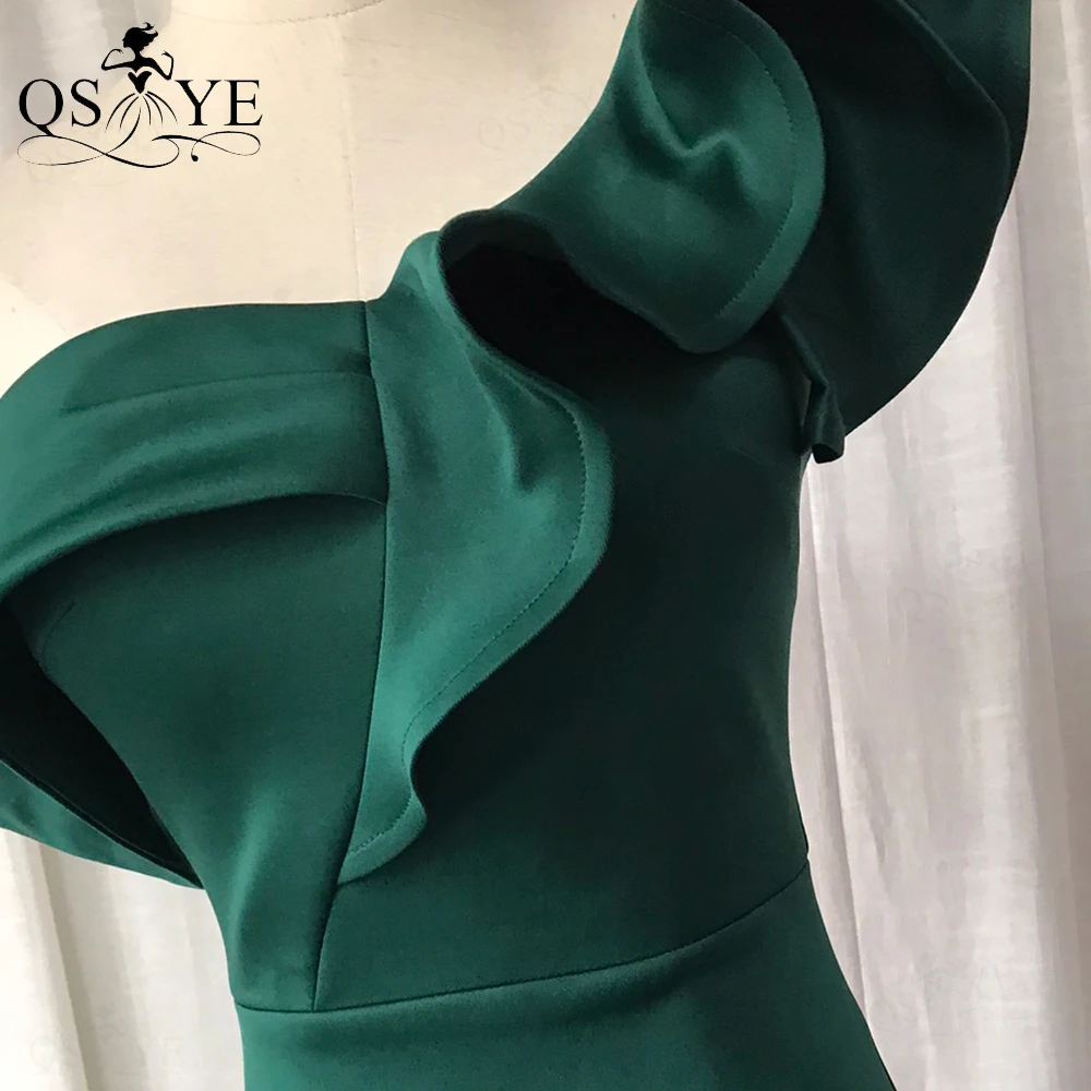 Ruffles Emerald Evening Dresses One Shoulder Mermaid Formal Gown Side Sleeves Satin Stretchy Fitted Green Party Prom Dress Chic