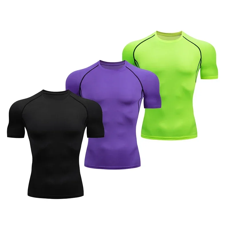 3pcs Mens Compression T-shirt Kits Fitness Sport Running Tights Clothing Male Gym Athletic Tops Quick Dry Rash Guard Black White