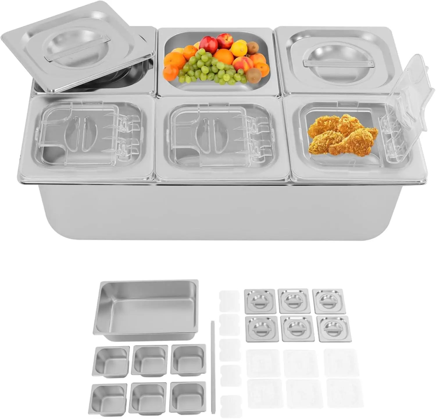 

Countertop Food Serving Display Container, 6 Pan Stainless Steel Food Serving Tray Detachable Food Storage Container, B