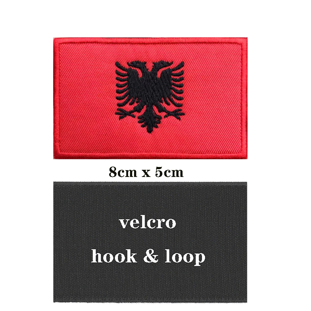 1PC Albanian Flag Albania Patches Armband Embroidered Patch Hook & Loop Or Iron On Embroidery  Badge Military Stripe