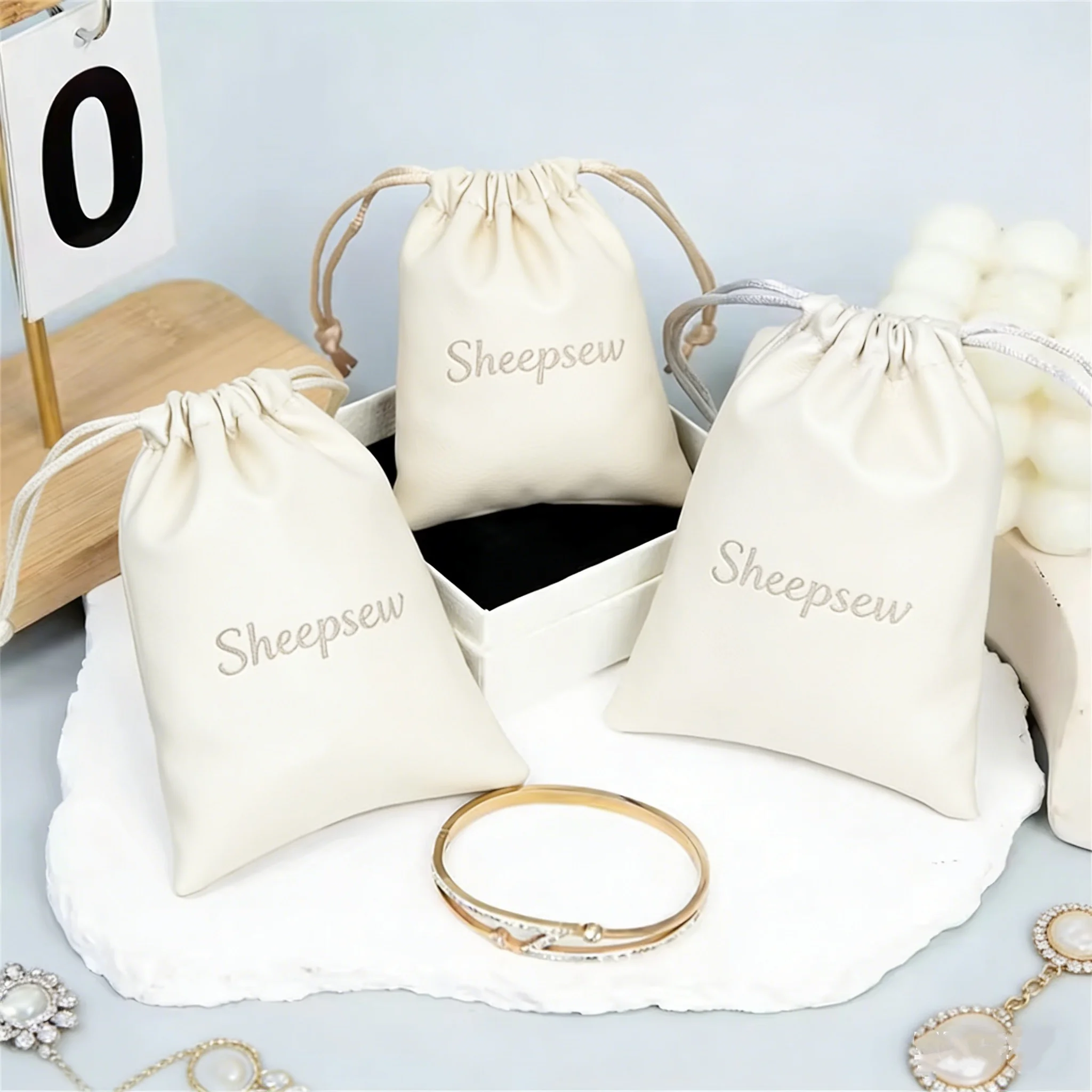 Personalized Logo Jewelry Leather Gift Bag Pink PU Drawstring Pouch for Ring Earring Bracelet Candy Travel Perfume Wedding Favor