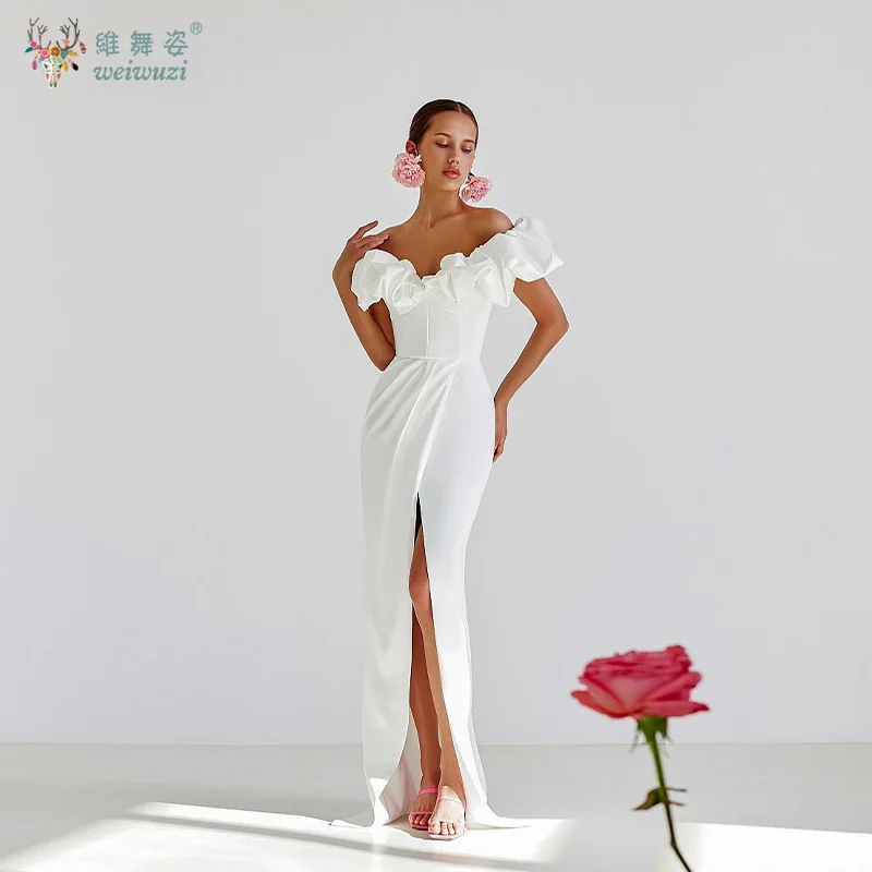 

French Satin Ruffled One Shoulder Wedding Bridesmaid Dress with High Waist Decoration and Slit Formal Occasion Evening Gown