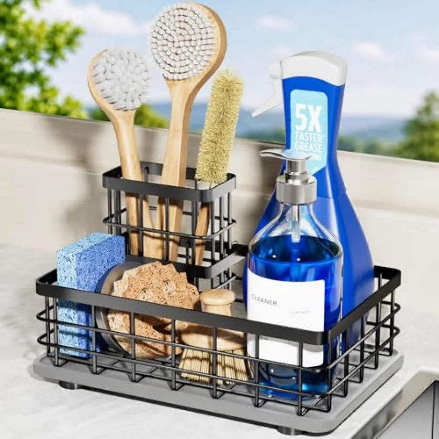 

Extra Large Kitchen Sink Caddy Organizer, Stainless Steel Sponge Holder for Kitchen Sink with Brush Holder, Diatomite Stone Sin