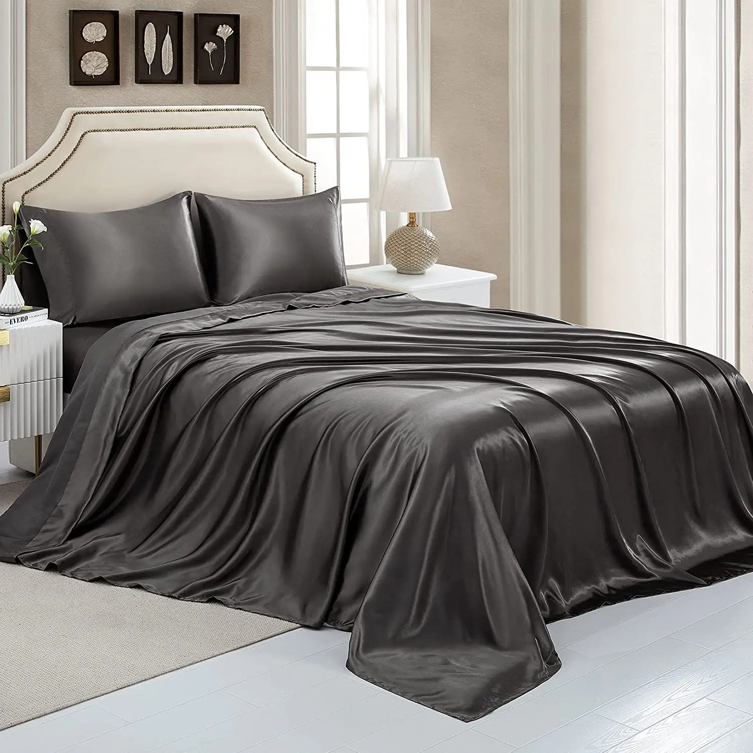 Satin Flat Sheet Only,Flat Sheet, 1 - Piece Dark Grey Top Sheet, Extra Soft Silk Flat Bed Sheets Sold Separately