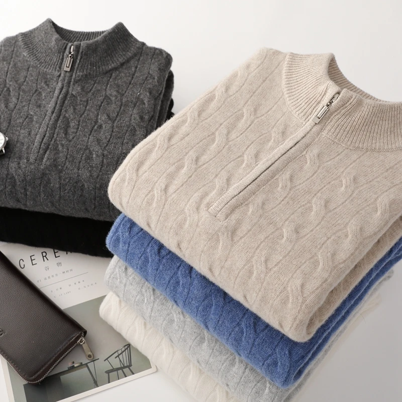 Men Wool Sweater Half Zipper Pullover Autumn Winter Thick Warm 100% Merino Wool Knitwear Mock Neck Twist Clothing Korean Tops - Image 5