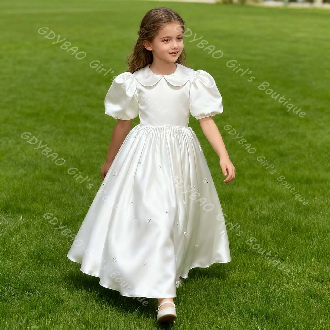 Vestido de niña de flores con cuello Peter Pan y manga corte en A/vestido de princesa hasta el tobillo vestido de comunión personalizado vestido de fiesta de cumpleaños