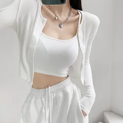 Short Chic Women's Jacket Cardigan Outerwear Shoulder Pad Vest Two-Piece Set Summer Fashion Pure Color Button-Up Long Sleeve ...