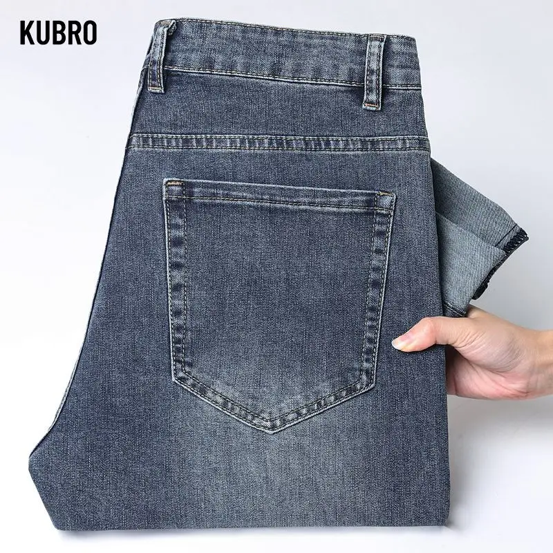 

Высококачественные новые прямые эластичные джинсовые мужские свободные осенне-зимние универсальные повседневные брюки большого размера для толстяков, мужские брюки