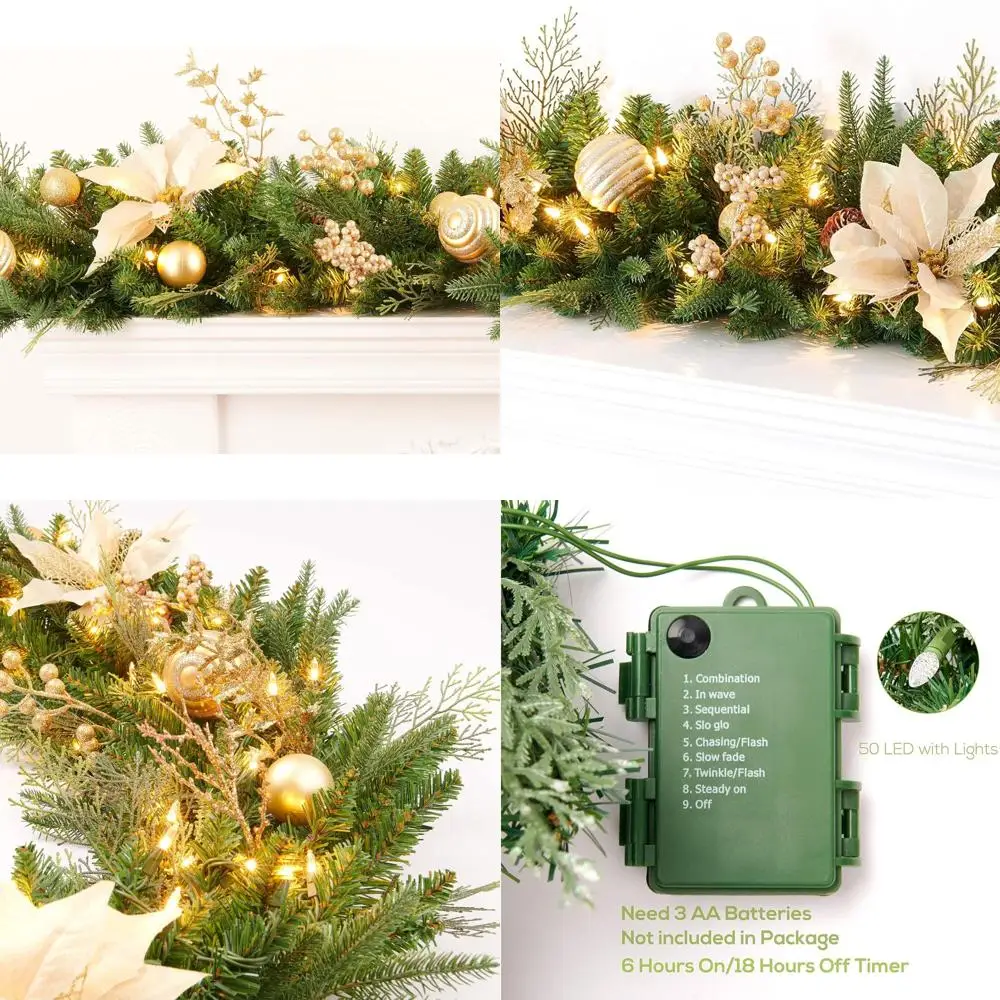 

Рождественская гирлянда длиной 9 футов с предварительной подсветкой, золотыми ягодами, шариками, сосновыми шишками, золотыми цветами и 50 мягких белых светодиодных фонарей, на батарейках.