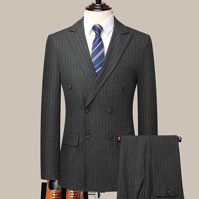 

2025 NEW Fashionable Handsome Business Casual Boutique Men's Double-Breasted Striped Suit And Trousers Two-Piece Set