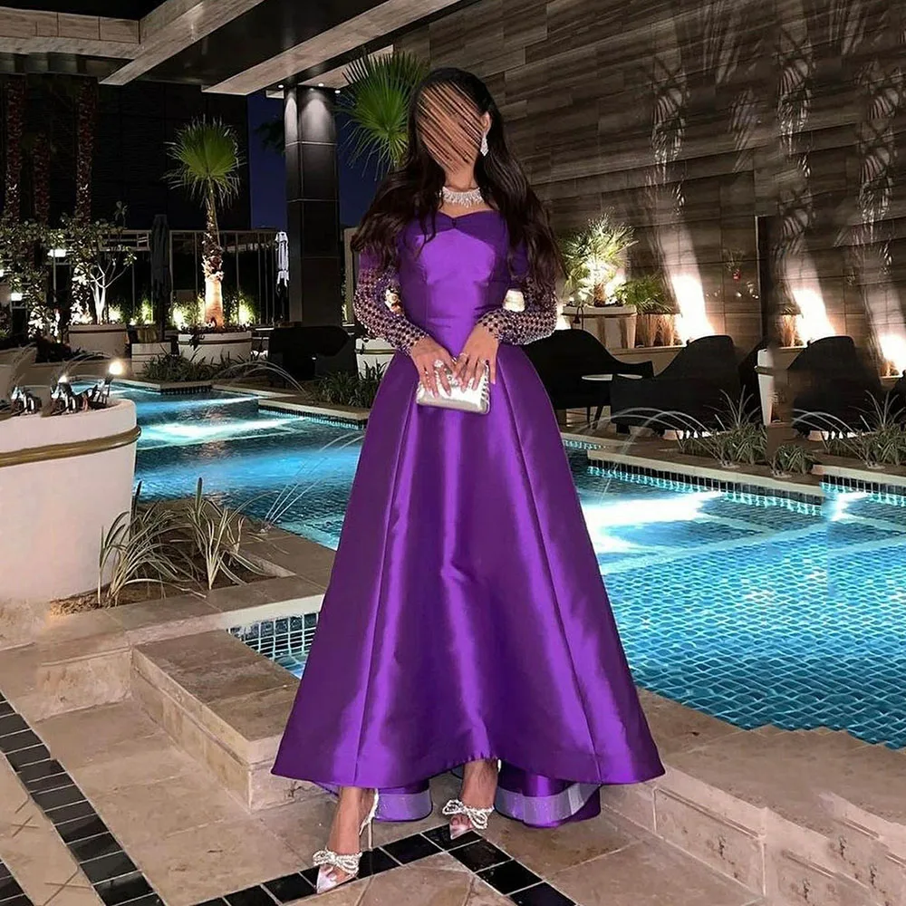 

Msikoods Purple Evening Dresses Satin Long Sleeves Sequin A Line Prom Gowns Formal Dress Birthday Celebrity Party Gown