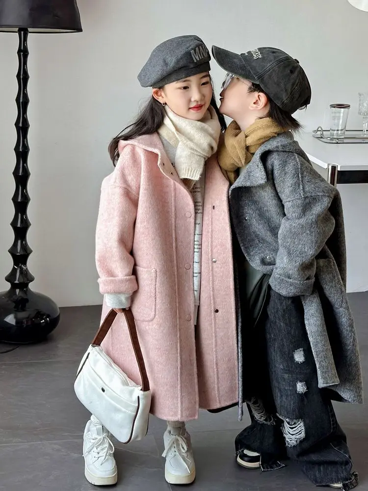 Winter Autumn Girls Long Fashion Cotton Woolen Coat Baby Boys Princess Korean Style Thickened Coat Children Warm Jacket Outwear