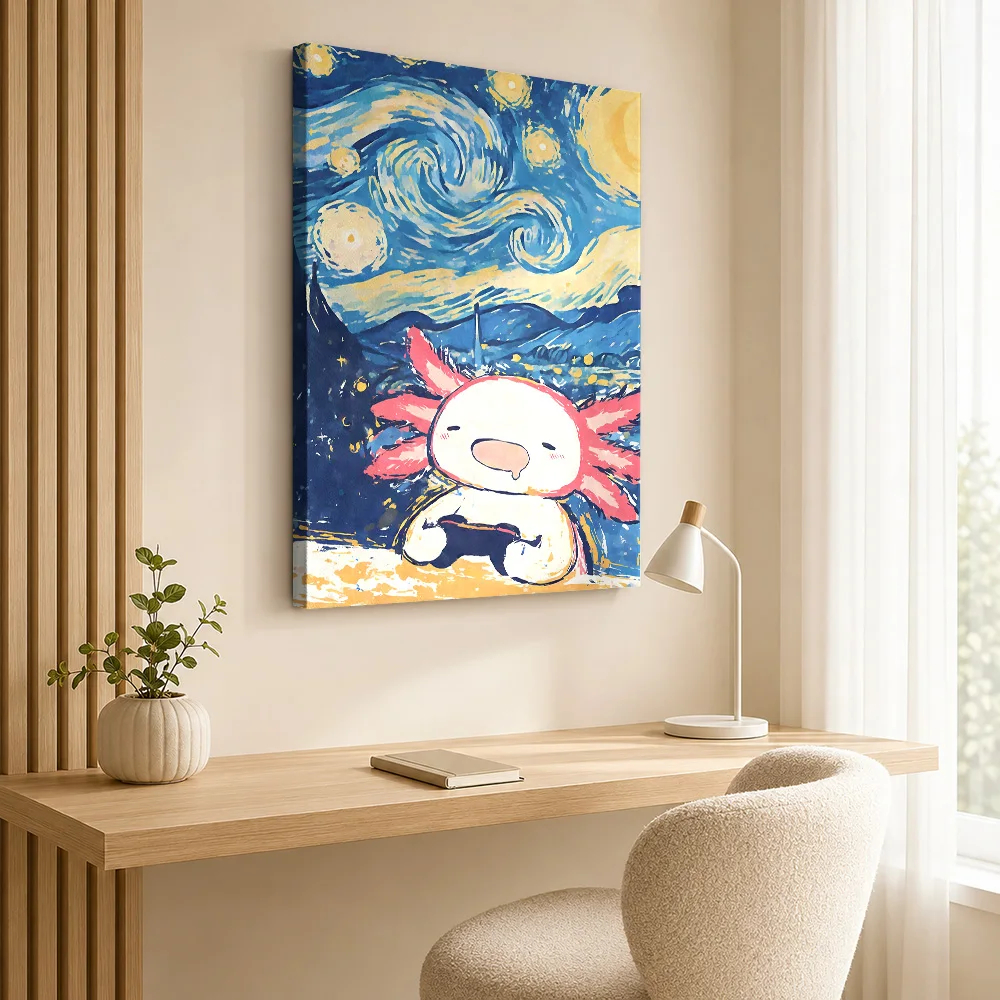 Axolotl Gamer Starry Night Mashup Canvas Posters Minimalist Style Wall Decor With Customized Photo For Man Cave Ideal Teen Gift