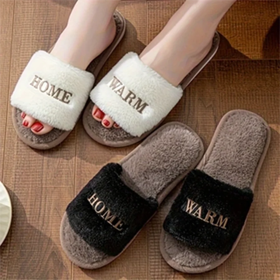 

Personalized Letter Embroidered Sliders Women Slip-on Soft Soled Slippers Autumn Winter Warm Comfy Indoor Home Plush Shoes Decor