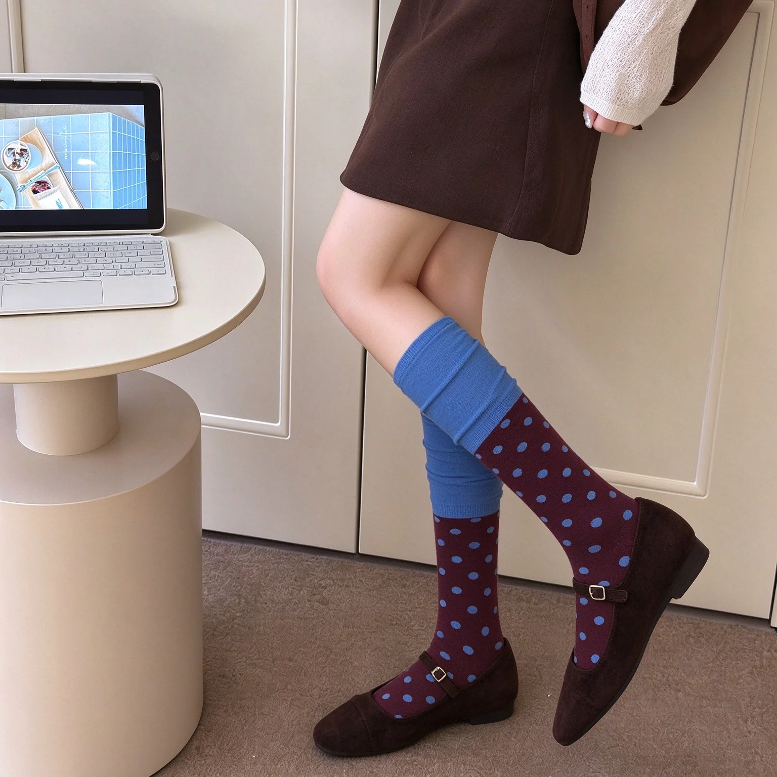 Vintage Color Block Polka Dot Women Socks Autumn Winter Knit Cotton Elastic Long Socks Cute Japanese Style Ladies Dot Calf Socks