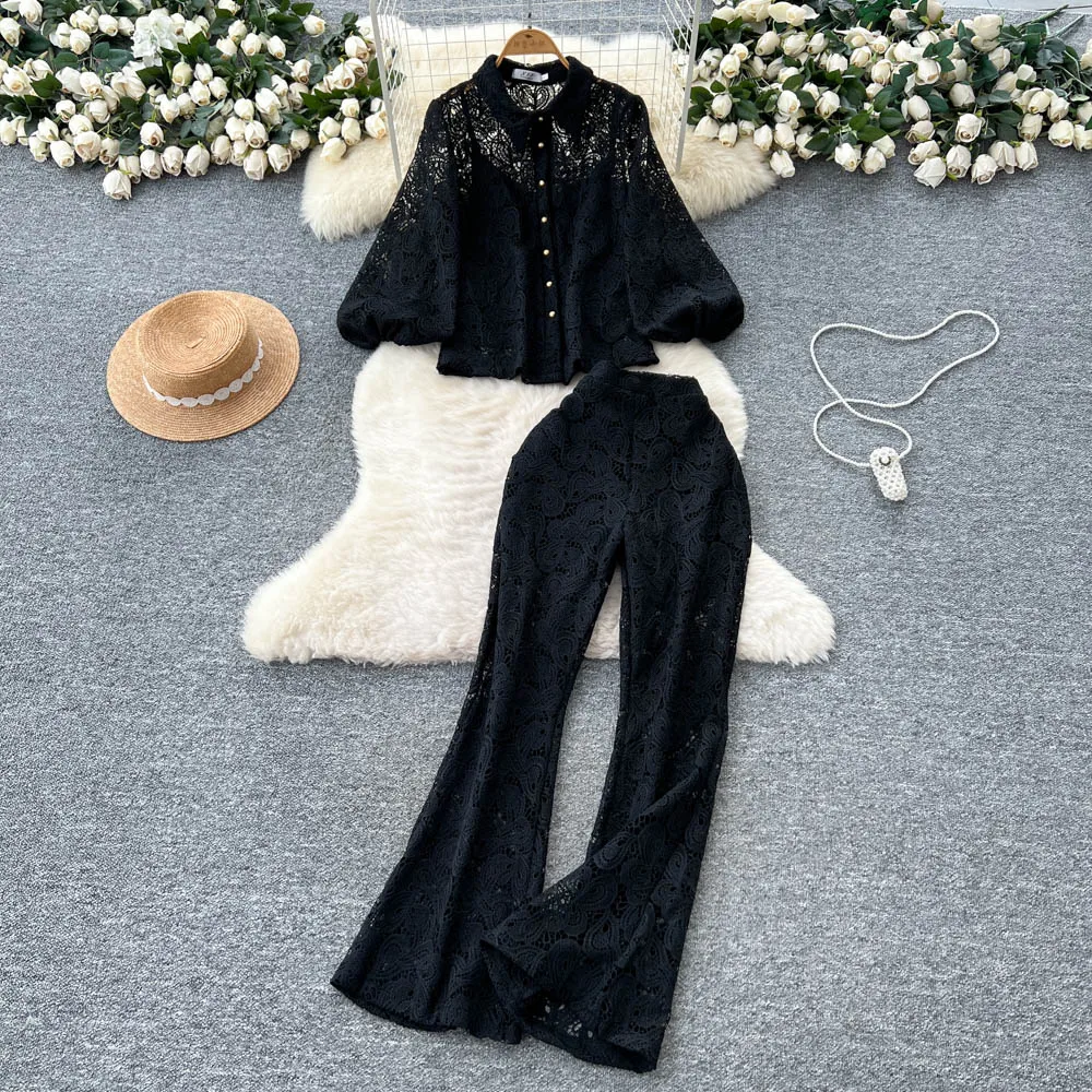 

Autumn Lace Crochet Matching Set Lantern Sleeves Hollowed Out Shirt Flared Pants Two-piece Sets French Elegant Women's Suit
