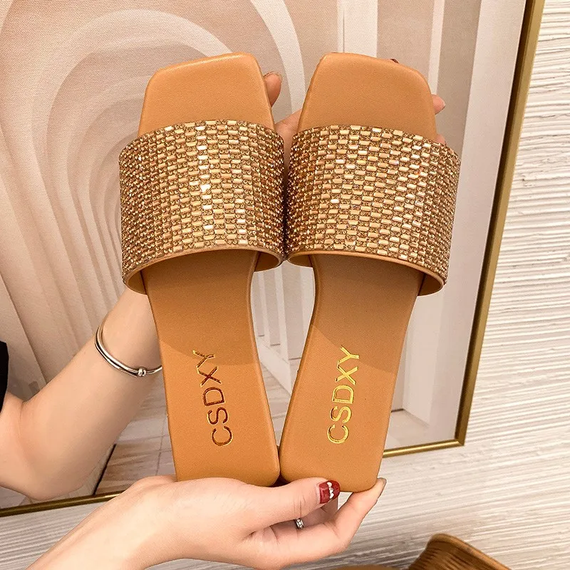 

Slippers Casual Glitter Slides Flat Shoes Female Lady Slipers Women Luxury Soft Jelly Summer Girl 2024 Rubber Fabric Crystal Bli