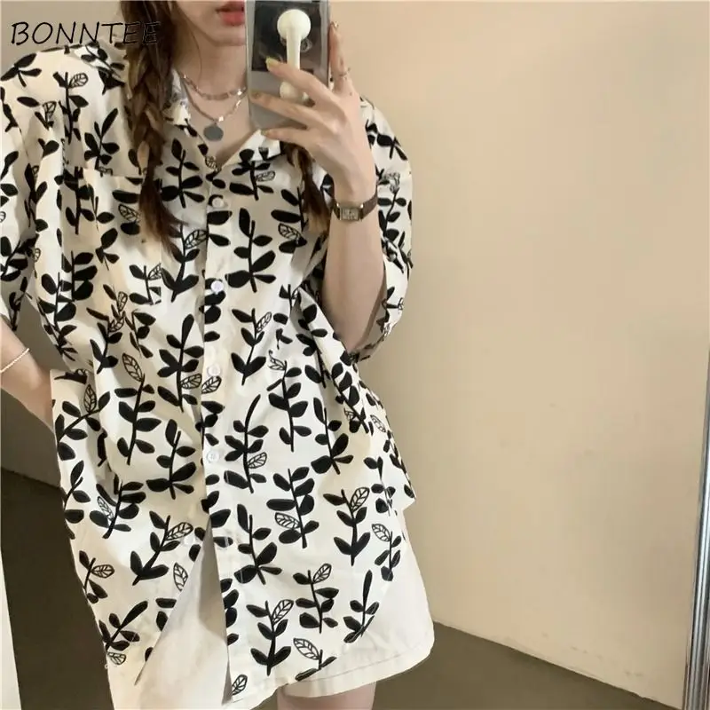 Shirts Women Loose Printed Retro Short Sleeve Korean Fashion BF All-match Tops Unisex Personality Summer Ulzzang Holiday Beach