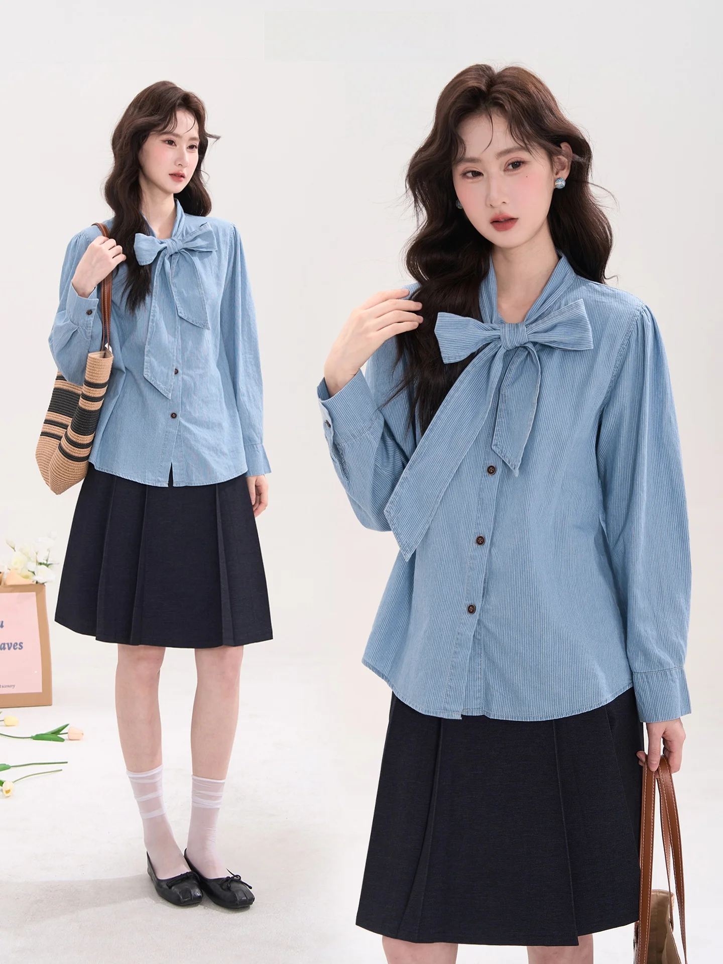 

Женская джинсовая рубашка Commuter Girl Design Sense с узлами и полосками, тай-дай, весенняя модная блузка в корейском стиле с длинными рукавами