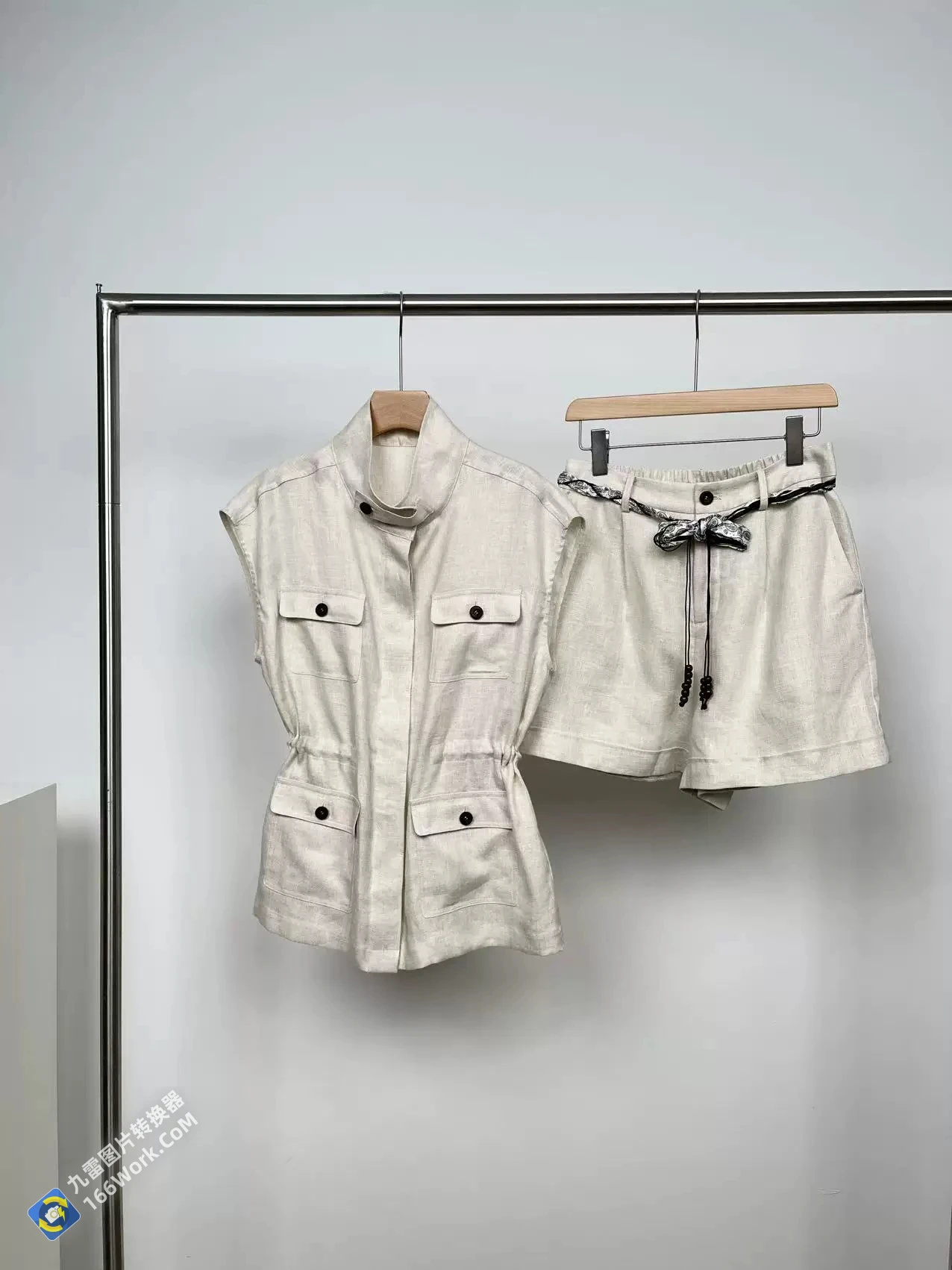 2026 summer women's linen stand collar elastic waist vest shorts set high-end jacket two-piece set
