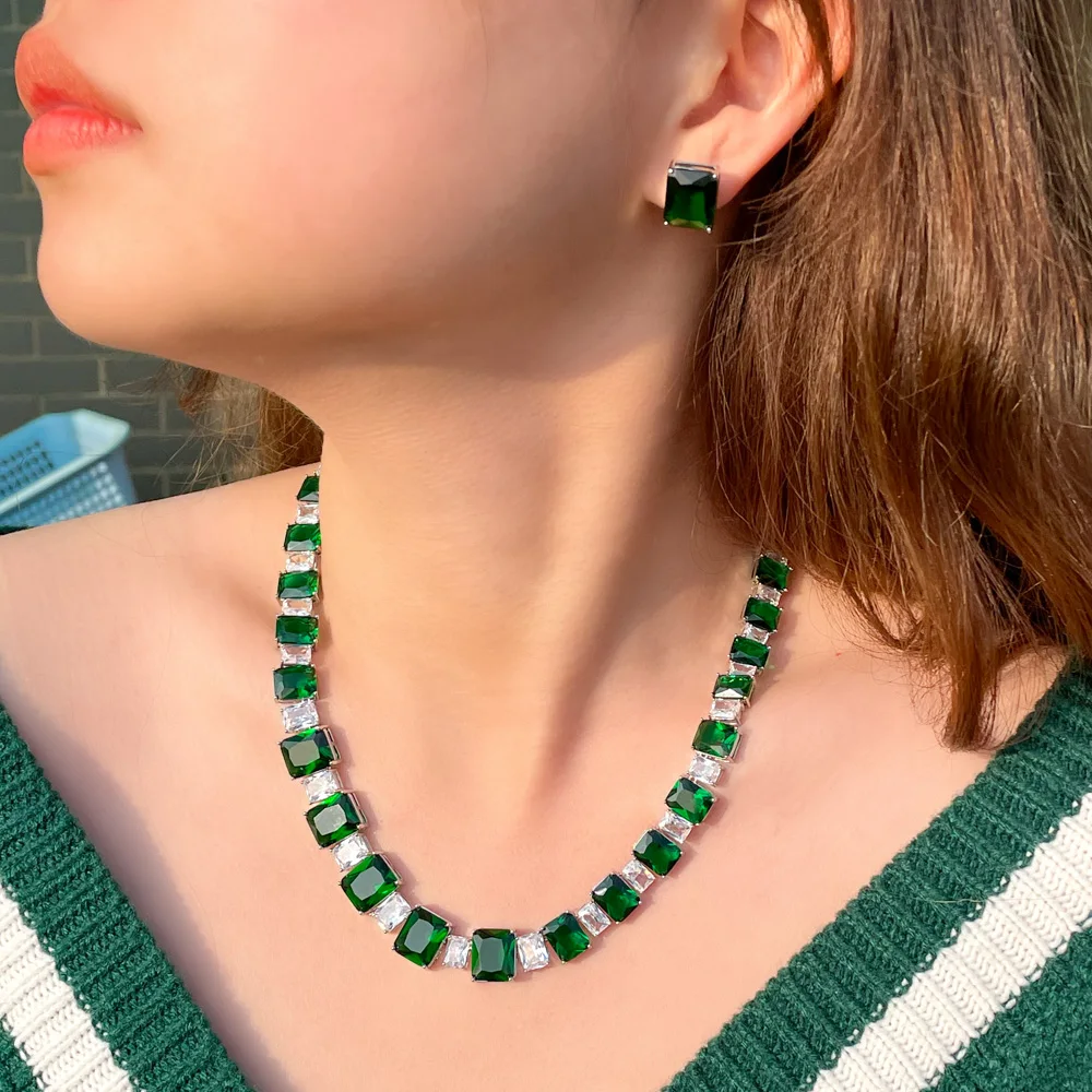 ThreeGraces 2pcs Luxury Square Cubic Zirconia Dark Green Stud Earrings and Necklace Bridal Wedding Jewelry Set for Women TZ993