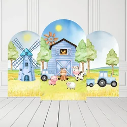 Mehofond Custom 2-Sided Blue Barn Farm Cows Animals Kids Birthday Baby Shower Covers Chiara Arch Background Decor Backdrop Photo