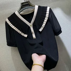 Women Clothing Fashion Ruffles V-neck Knit T-shirts Summer Casual Loose Chic Short Sleeve Top Tee Office Lady Elegant Pullovers