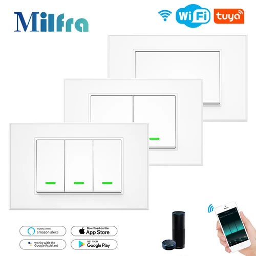 Milfra-interruptor Wifi inteligente, cable neutro opcional, interruptores de luz de botón de pared inteligentes, AC100-240V, aplicación Tuya, Control por voz por Alexa