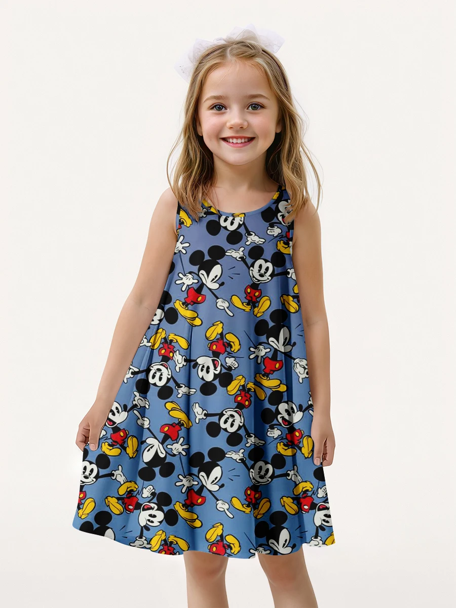 MINISO New Summer Girl Dress Mickey Mouse 3D Printed Cartoon Print Disney Fashion Girl Sleeveless Dress Fashion Party Princess