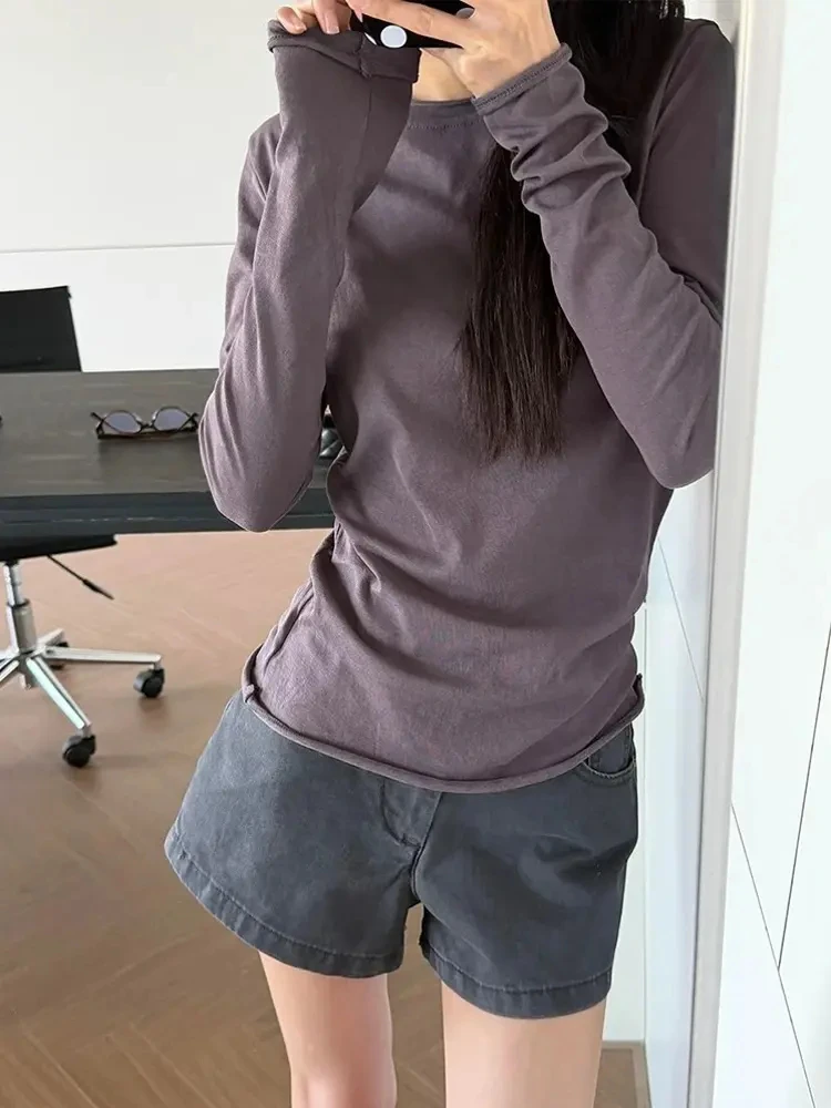 Korean Style Long Sleeve Purple T-Shirt Women Early Autumn Inner Wear Base Shirt Top with Cuff Roll up Ladies Cotton Blend Po...