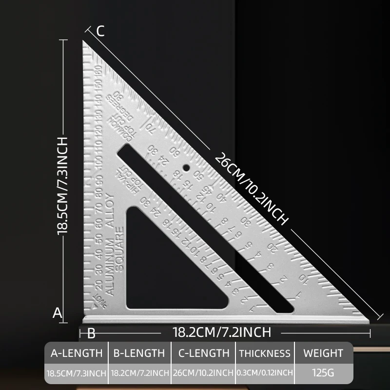 AIRAJ 7-calowa linijka trójkątna ze stopu aluminium stolarz cal metryczna linijka kątowa przewodnik narzędzie do pomiaru precyzyjnego narzędzia do