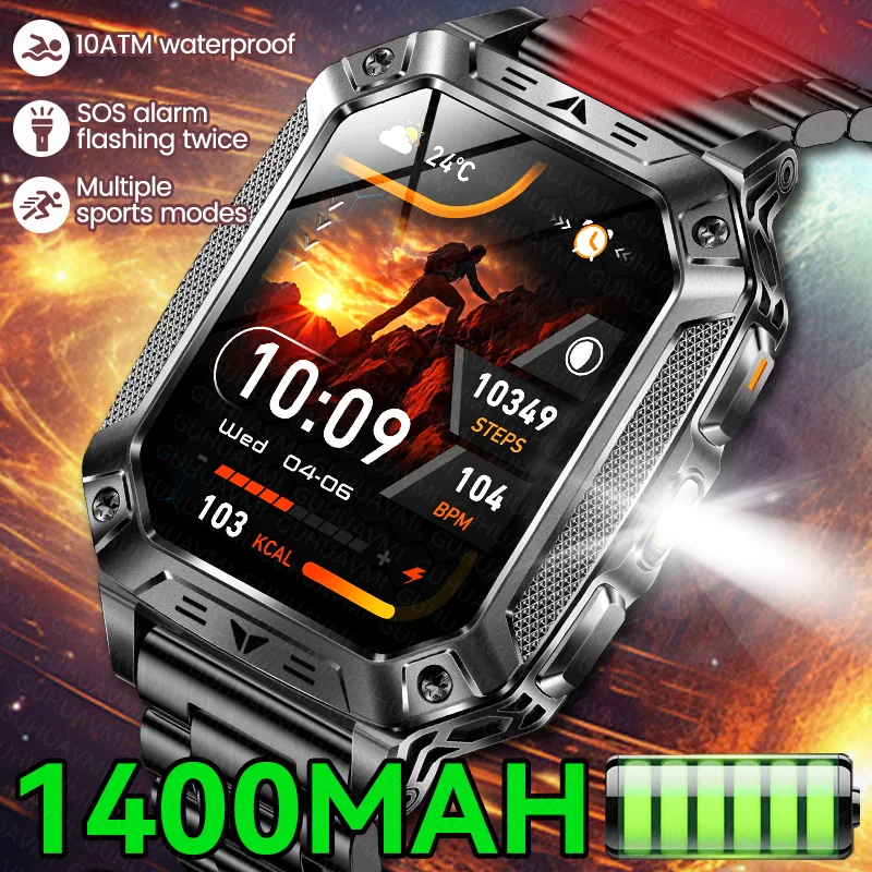 

Мужские умные часы для активного отдыха с GPS, фонариком, SOS, двойной вспышкой, Bluetooth-звонками, водонепроницаемостью 10ATM и супербольшой батареей 1400 мАч