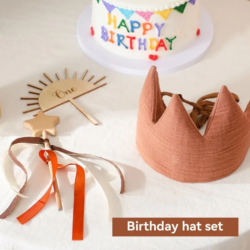 1Set Baby Birthday Hat Set Wooden Magic Wand Toy Cotton Soft Crown Hat Kids Birthday Party Decorations Newborn Birthday Gift Toy