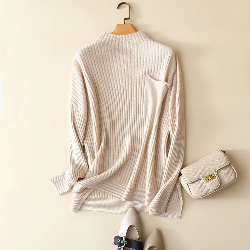 

Autumn winter new ribbed cashmere wool sweater turtleneck women's knit half skirt fashionable loose chic two-piece suit