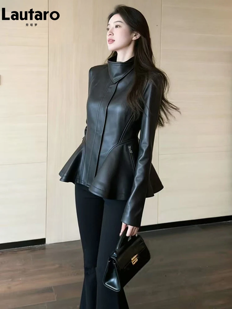 

Куртки Lautaro из мягкой искусственной кожи для женщин: осенне-весенние, черные, в стиле ретро, с воротником-стойкой на молнии, элегантные, люксовые, дизайнерские
