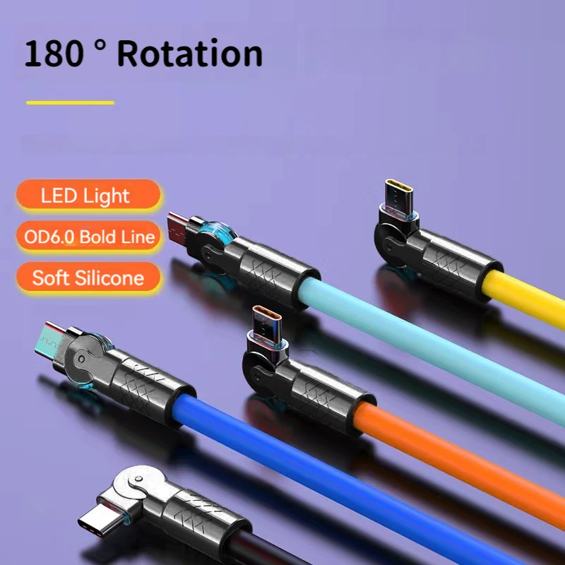 Cable de datos tipo C de 120 W y 6 A, carga súper rápida, silicona con codo giratorio de 180°, 1 m 2 m, cable USB C a C 3