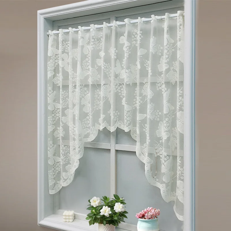 Rod Pocket White Warp Knit Lace Cafe Curtain,Butterfly Floral Sheer Short Valance Curtain,Half Window Curtain for Kitchen Cabine