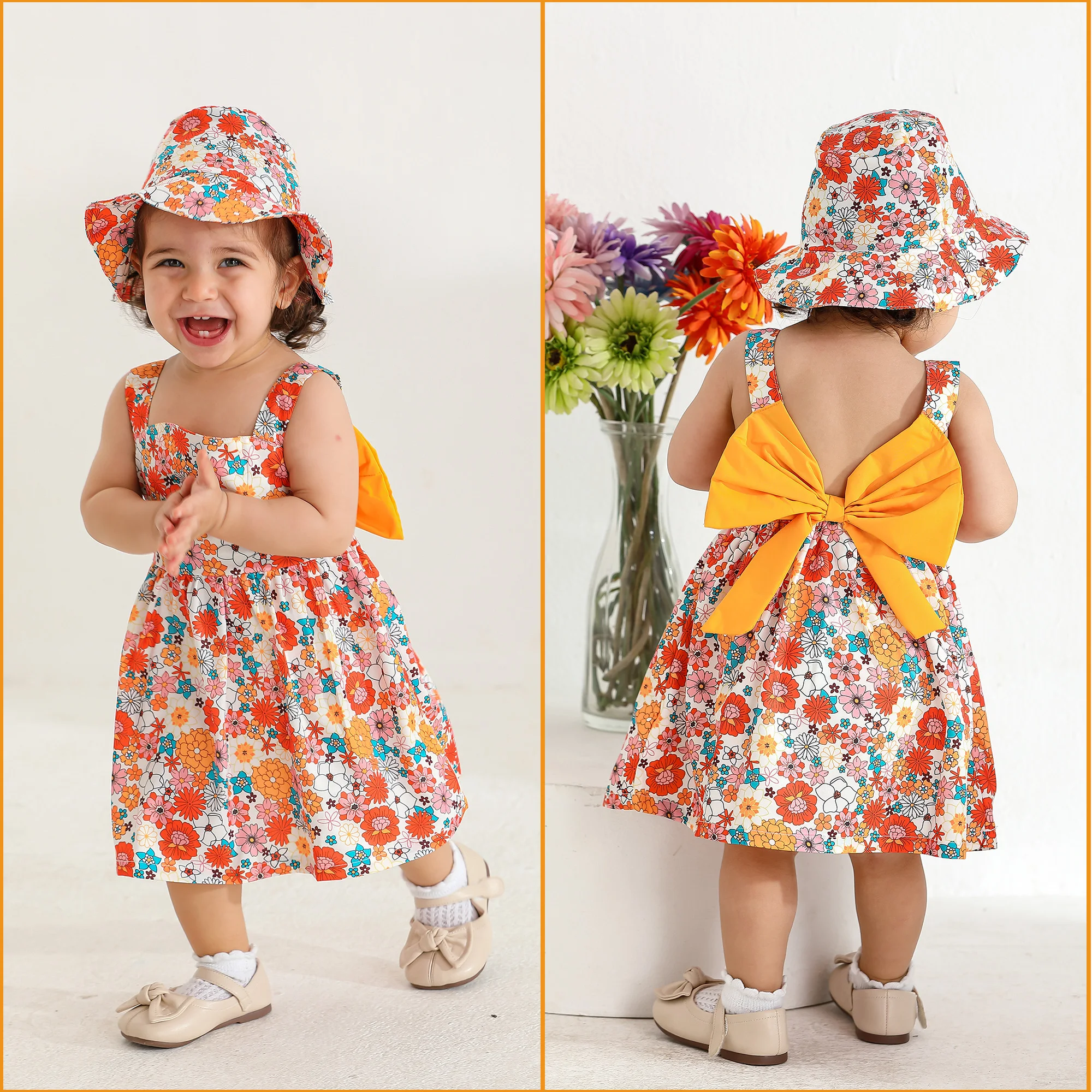 4 Color /2PCS Dress Clothes Set Baby Girl Flower Sleeveless Dress with Bow+Hat Summer Fashion Cute Wear for Toddlers Age 0-3