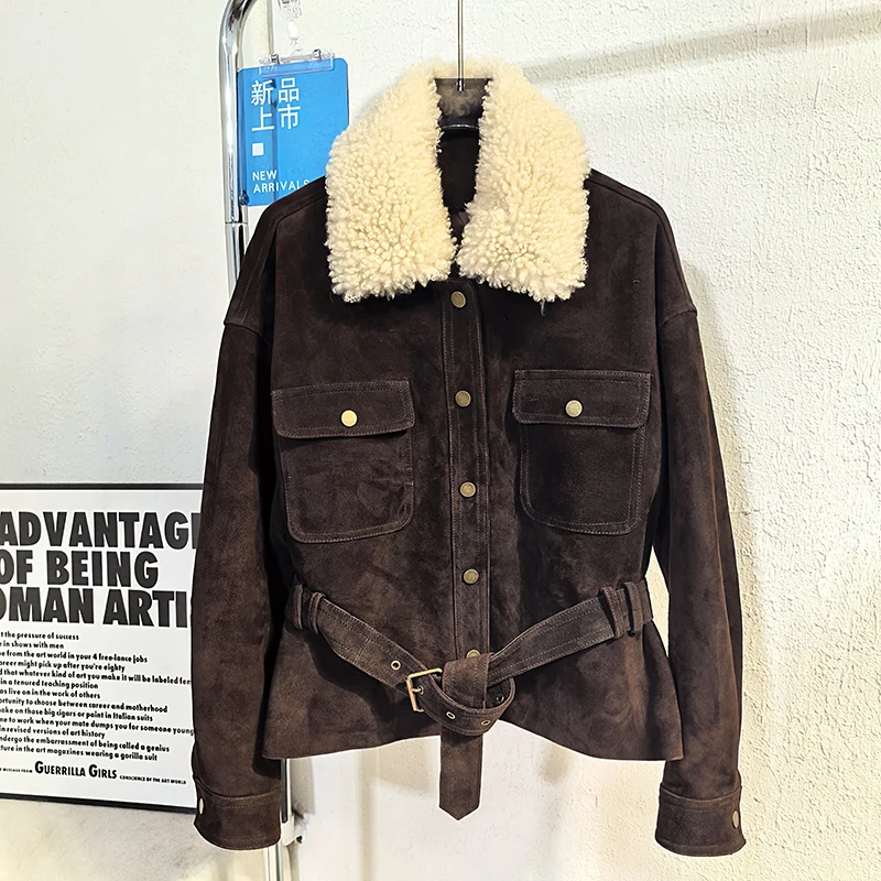 Kurtka damska z prawdziwej skóry zamszowej, modna, wełniany kołnierz, jednorzędowa, z paskiem, dopasowany krój, krótkie płaszcze puchowe, Chaquetas De Mujer