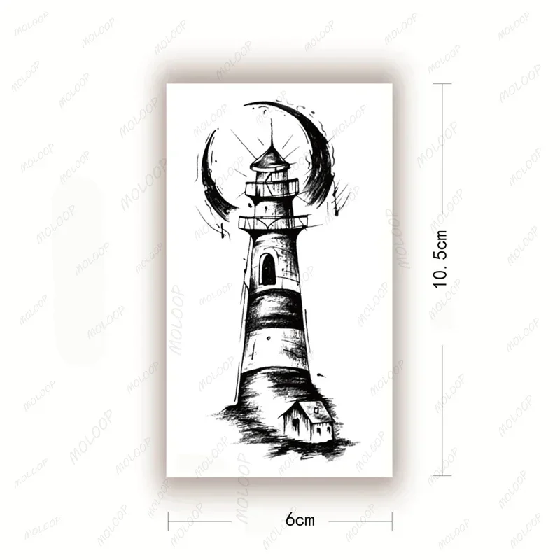 Tattoo Sticker Lighthouse Moon Building Beacon Hand Waterproof Temporary Men Women Fake Tattoos Makeup Body Art