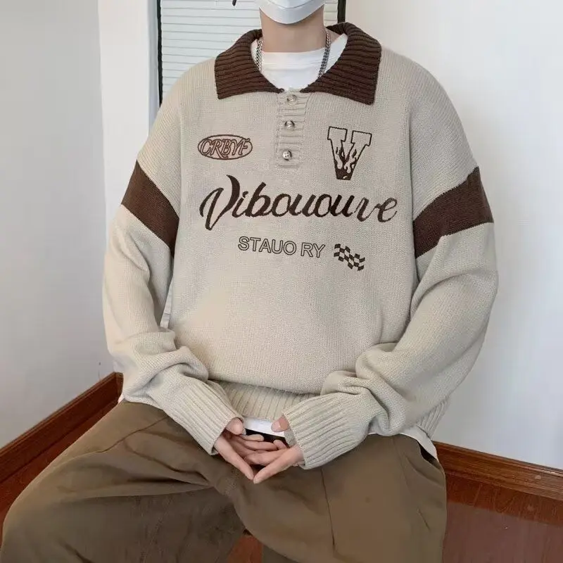 الأمريكية الرجعية عادية V-ne محبوك سترة الرجال لون نقي ملابس خارجية طويلة Sve فضفاضة تناسب الشباب Sle ألياف البوليستر #5