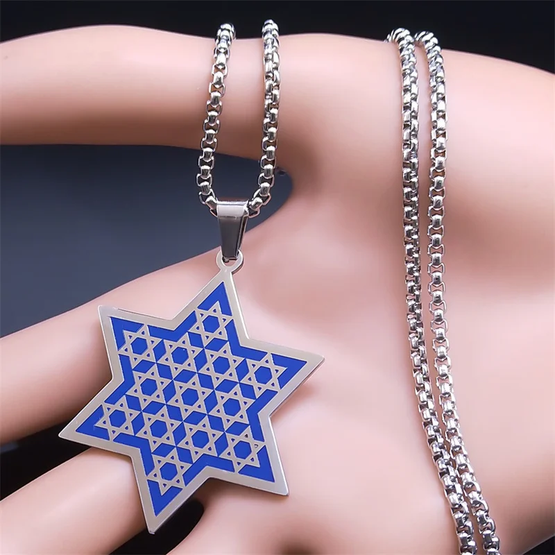 اليهودية السداسية العبرية قلادة الفولاذ المقاوم للصدأ اللون الأزرق نجمة داود درع إسرائيل سلسلة القلائد مجوهرات colar N8140S01