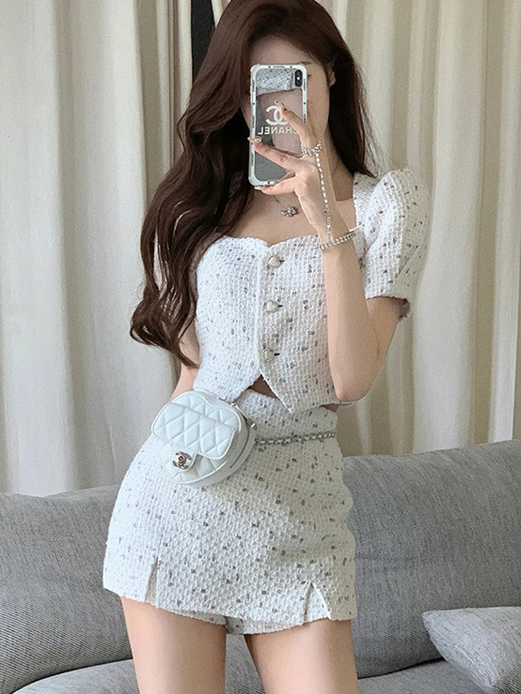 

Small Fragrant Skirt Suit Tweed Short Coat Puff Sleeve Two Piece Set Female 2023 Summer Fashion Skirt for Women Korea Fashion