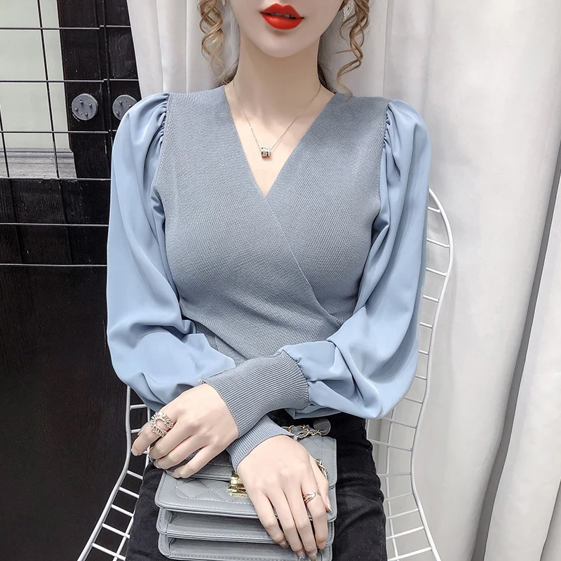 

Fashion Chiffon Splicing Pullover Sweater Women Clothing Ladies Autumn Casual Thin Nice Knitwear Female Woman OL Sweaters BPy620