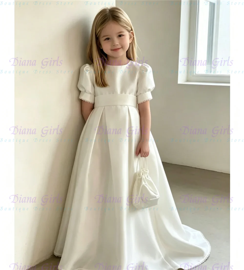 Quality Lovely Elegant Flower Girl Dress Pink Satin Fluffy for Kids Wedding Birthday Party Evening Ball Gowns Customisable