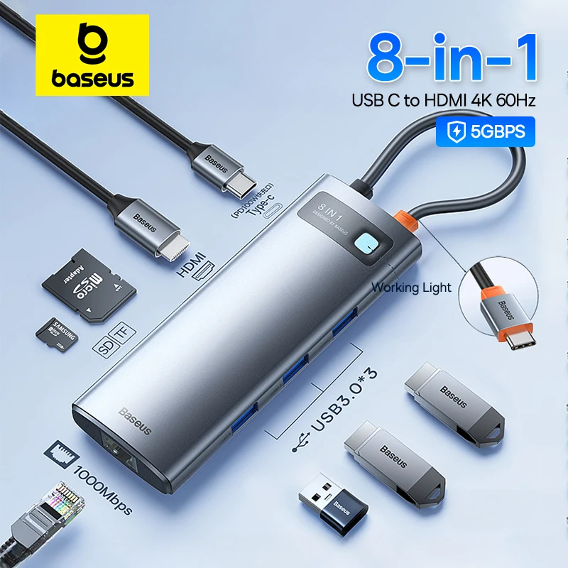 Baseus-USB C 3.1 HUB, 4K 60Hz, Tipo C para Compatível com HDMI, 8 em 1 Hub para RJ45, PD 100W, Adaptador de Cartão TF SD para Macbook, iPad,