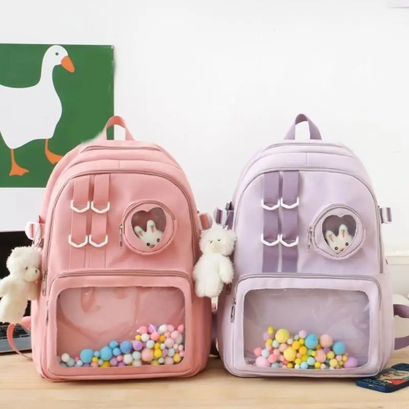 

F19F Double Strap Shoulder Bag for Girl Student Clear Pocket Bag Versatile Backpack