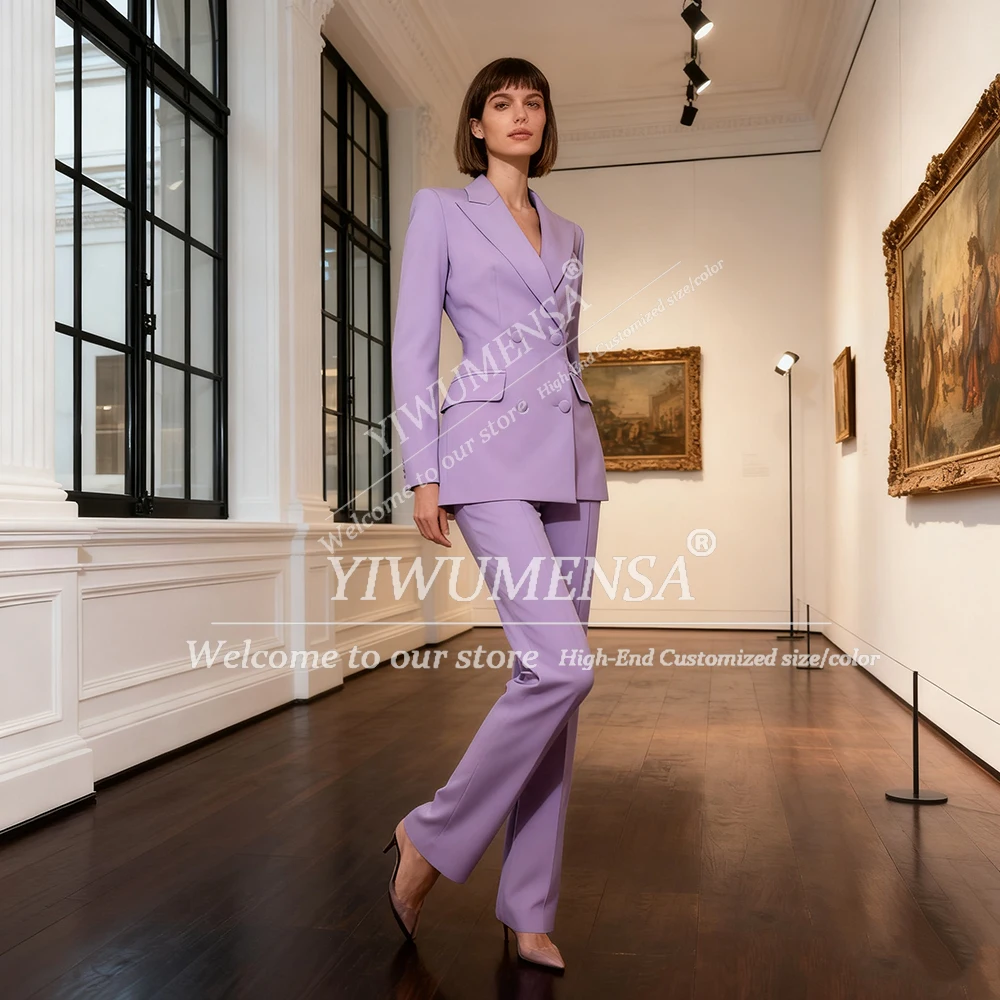 

Classic Purple Solid Suits Women 2 Pieces Sets Double Breasted Jacket Pants Customized Lady Business Outfits Bride Mother Dress