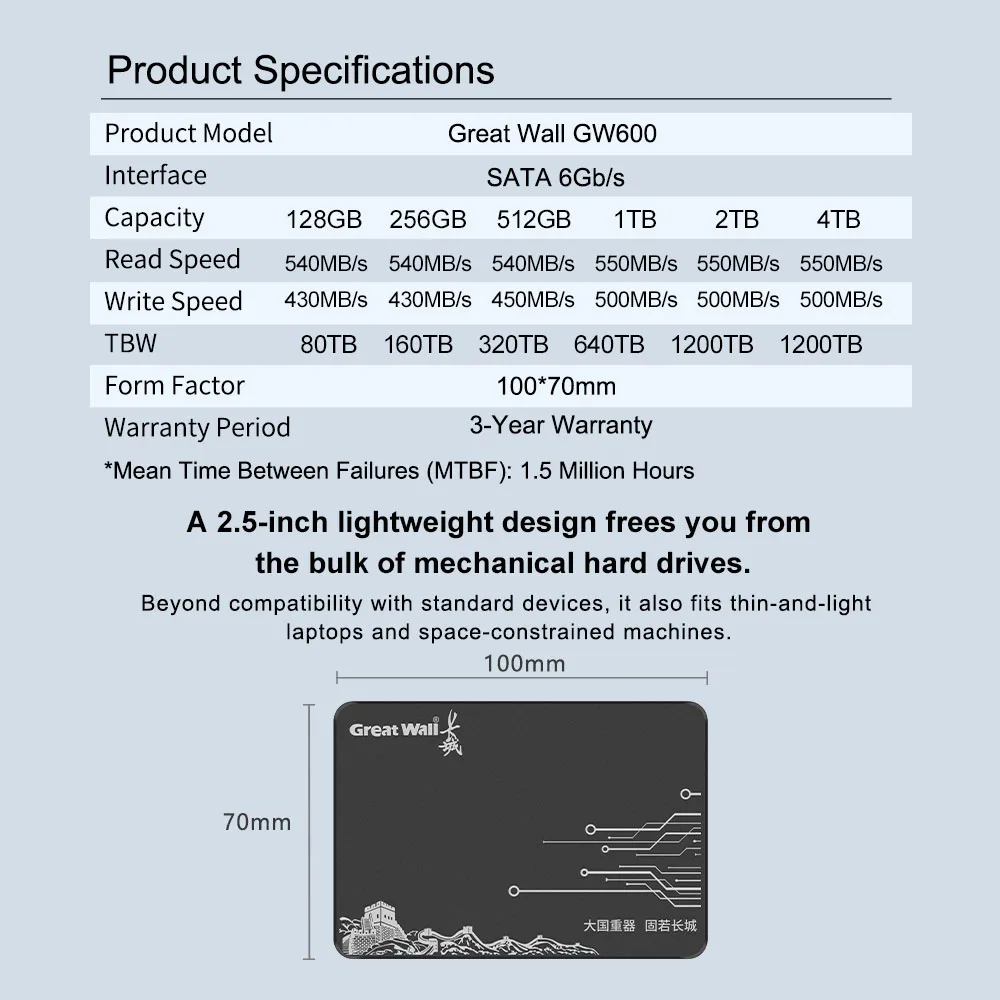 Great Wall 2,5 pulgadas SATA3 SSD Drive HDD disco duro interno de estado sólido 256GB 512GB 1TB 2TB 4TB para ordenador portátil